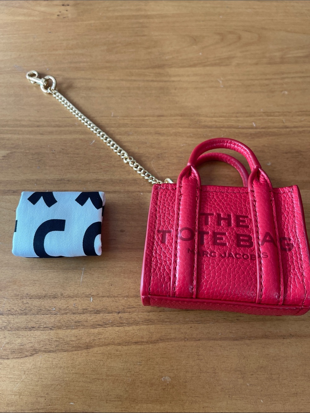 Marc Jacobs red mini tote keychain with gold chain & dust bag